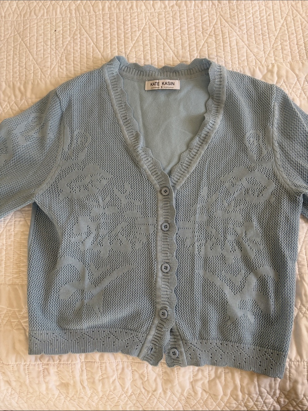 Kate Kasin Light Blue V-Neck Button-Up Floral Mesh Cardigan